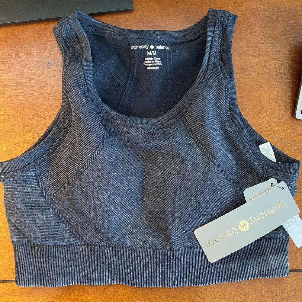 HARMONY BALANCE NEW Mineral Wash Ribbed Sports Bra Gray Medium